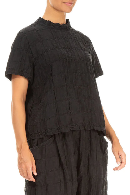 Short Sleeves Black Pleated Silk Linen Blouse 3