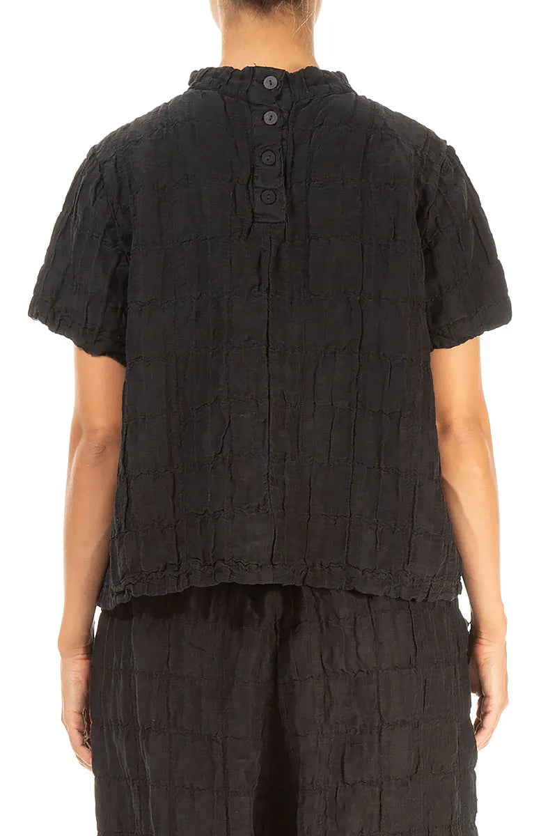 Short Sleeves Black Pleated Silk Linen Blouse 2