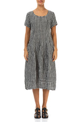 Short Sleeves Black & White Check Linen Dress 1