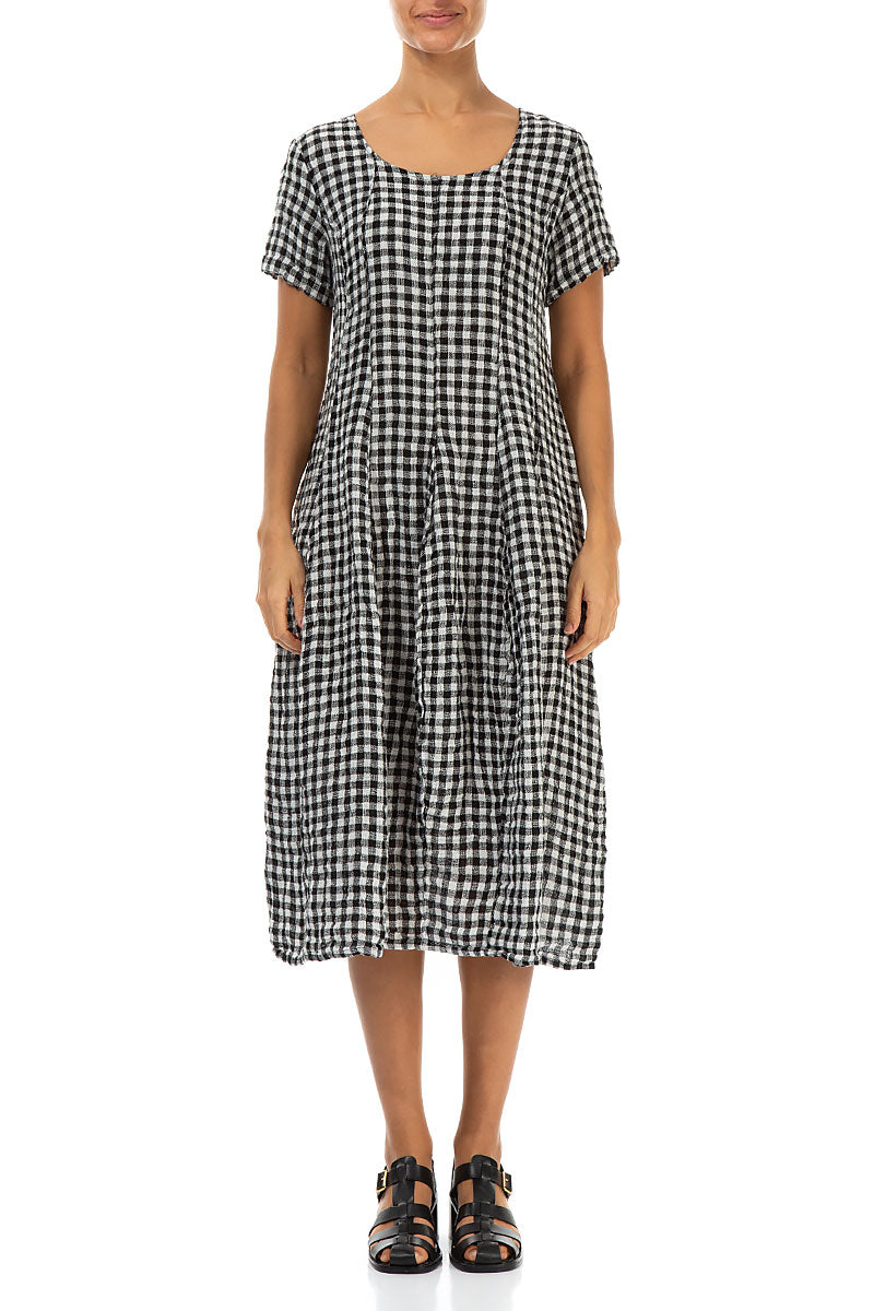 Short Sleeves Black &amp; White Check Linen Dress 1