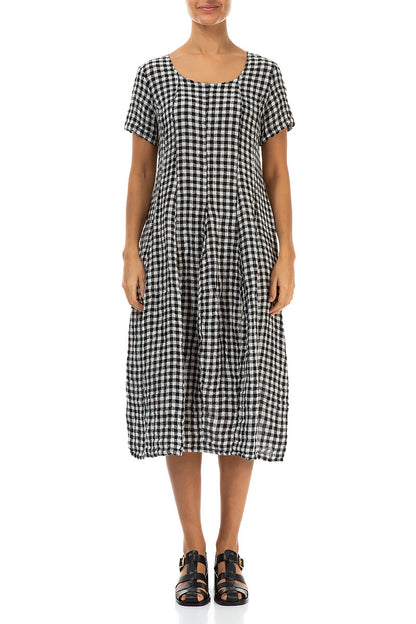 Short Sleeves Black &amp; White Check Linen Dress 1