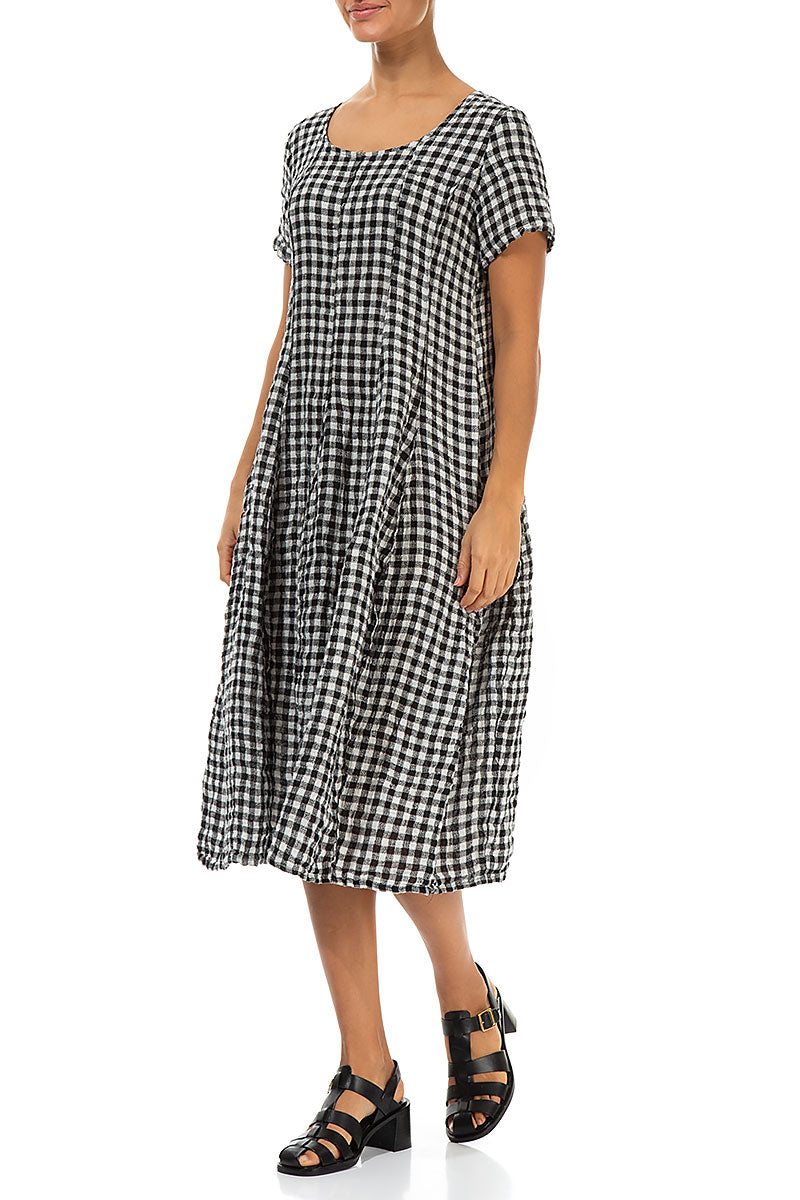 Short Sleeves Black &amp; White Check Linen Dress 3