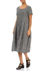 Short Sleeves Black & White Check Linen Dress 3