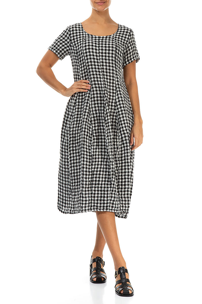 Short Sleeves Black &amp; White Check Linen Dress 4