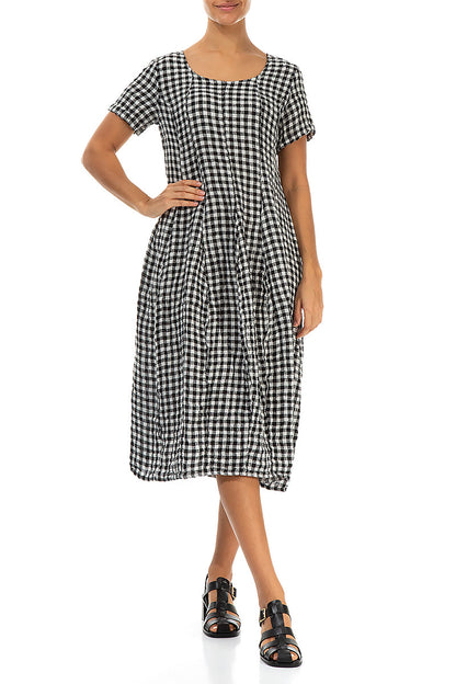 Short Sleeves Black &amp; White Check Linen Dress 4
