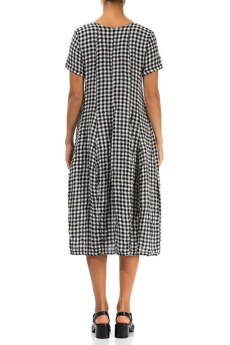 Short Sleeves Black &amp; White Check Linen Dress 2