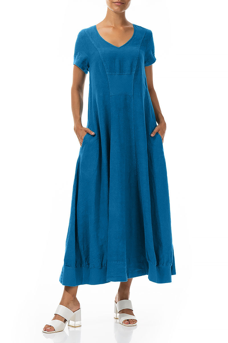 Kurzarm Maxikleid aus Leinen in Kobaltblau