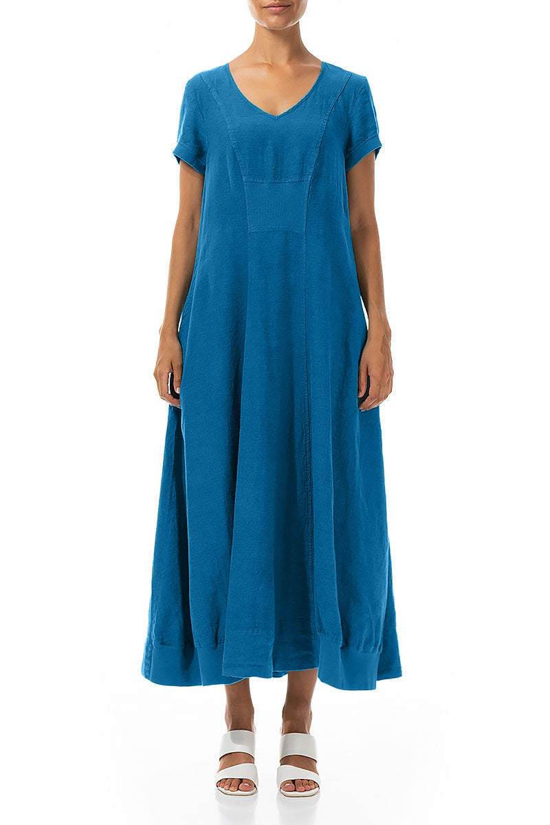 Kurzarm Maxikleid aus Leinen in Kobaltblau
