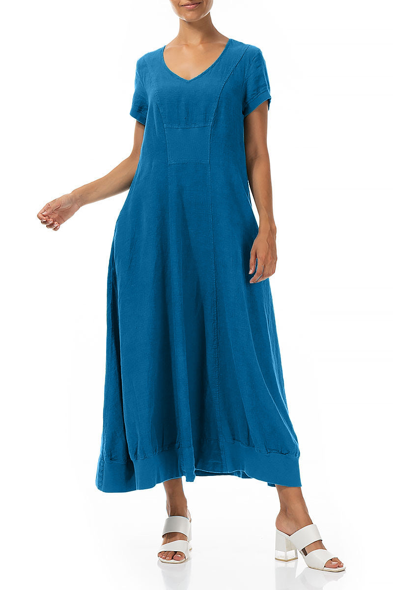 Kurzarm Maxikleid aus Leinen in Kobaltblau