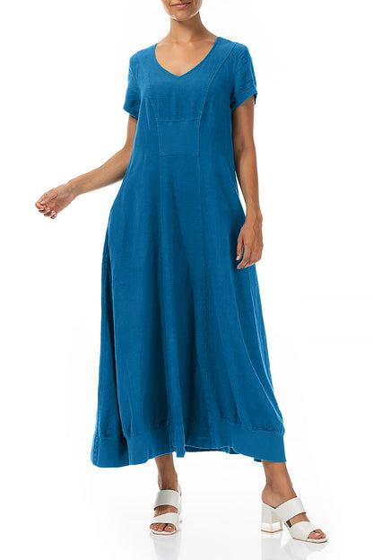 Kurzarm Maxikleid aus Leinen in Kobaltblau