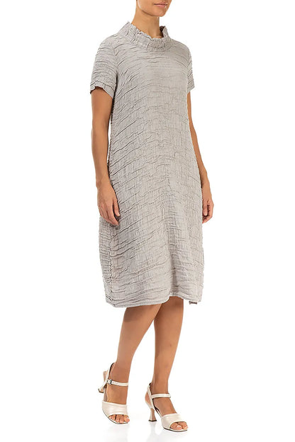 Short Sleeves Cowl Neck Beige Crinkled Silk Linen Dress 3