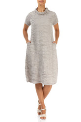 Short Sleeves Cowl Neck Beige Crinkled Silk Linen Dress 4