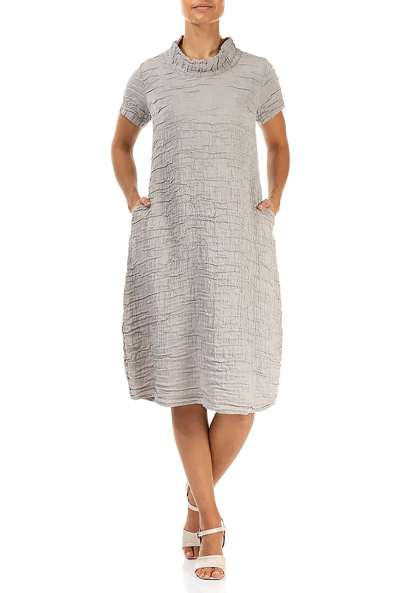 Short Sleeves Cowl Neck Beige Crinkled Silk Linen Dress 4