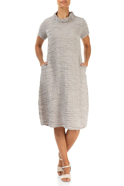 Short Sleeves Cowl Neck Beige Crinkled Silk Linen Dress 4