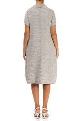 Short Sleeves Cowl Neck Beige Crinkled Silk Linen Dress 2