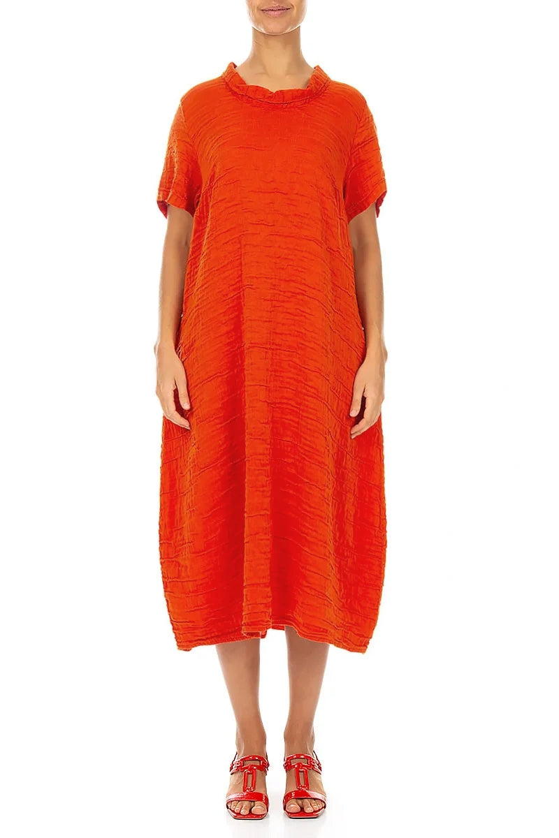Short Sleeves Cowl Neck Flame Orange Crinkled Silk Linen Dress 1