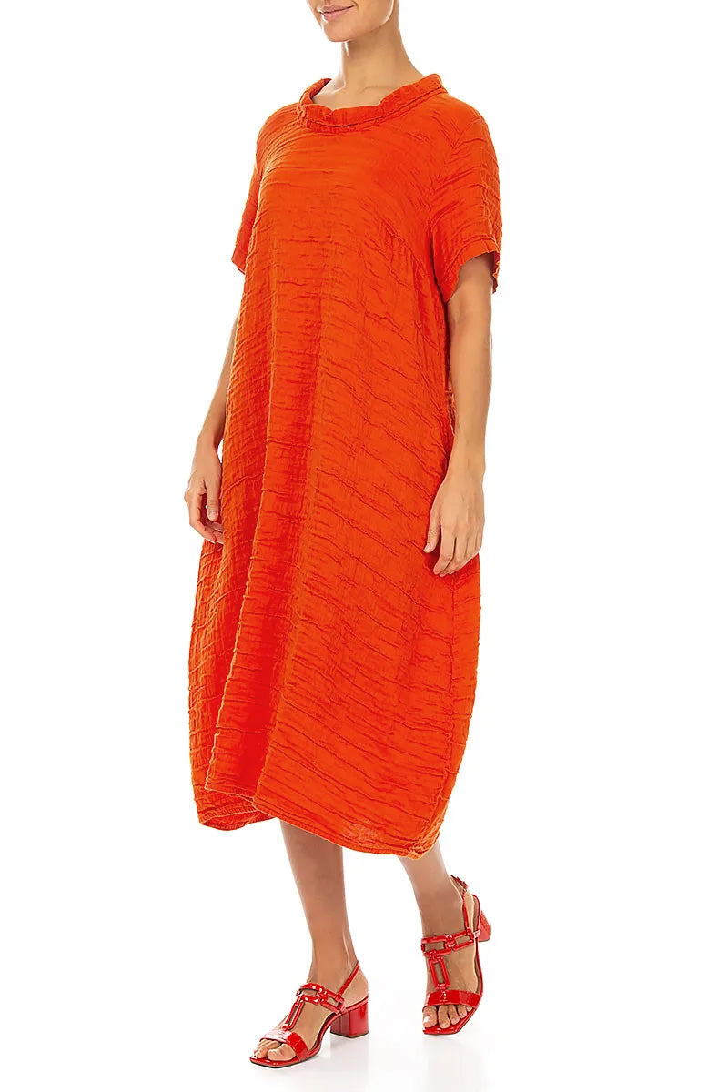 orange linen dress Short Sleeves Cowl Neck Flame Orange Crinkled Silk Linen Dress – grizas.com