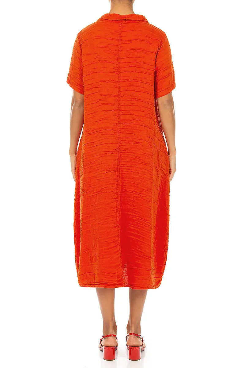 Short Sleeves Cowl Neck Flame Orange Crinkled Silk Linen Dress 2