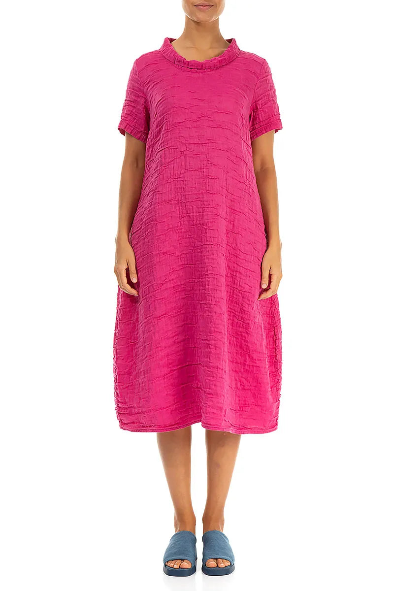 Short Sleeves Cowl Neck Fuchsia Crinkled Silk Linen Dress 2