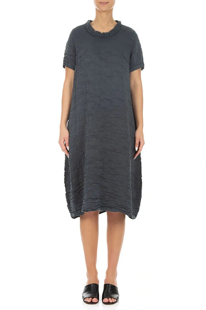 Short Sleeves Cowl Neck Graphite Crinkled Silk Linen Dress 1
