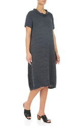 Short Sleeves Cowl Neck Graphite Crinkled Silk Linen Dress 3