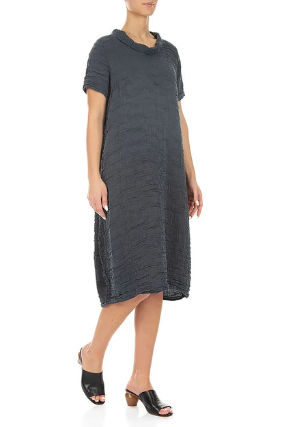 Short Sleeves Cowl Neck Graphite Crinkled Silk Linen Dress 3