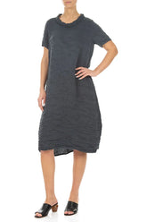 Short Sleeves Cowl Neck Graphite Crinkled Silk Linen Dress 4