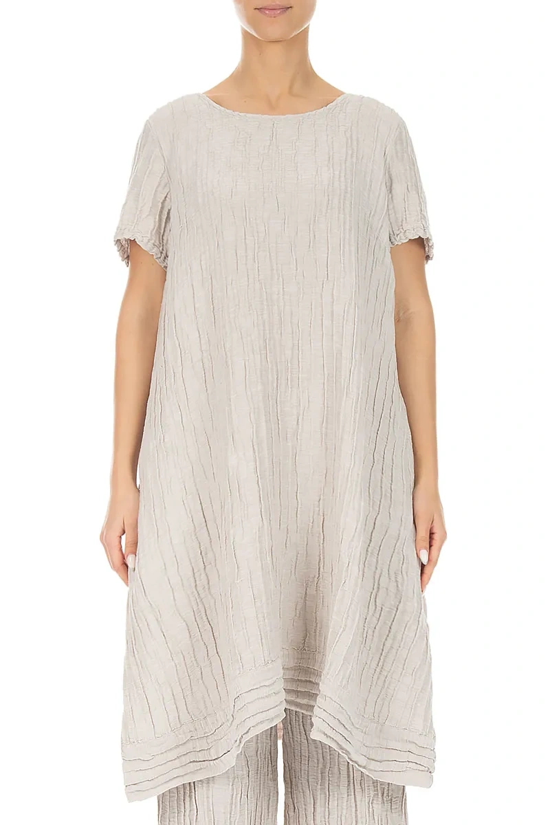 Short Sleeves Crinkled Beige Silk Linen Tunic Dress 1