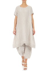 Short Sleeves Crinkled Beige Silk Linen Tunic Dress 4