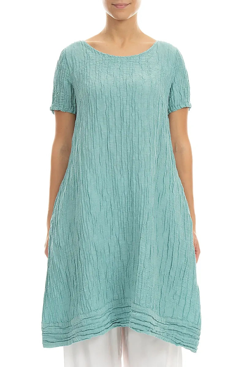 Short Sleeves Crinkled Mint Silk Linen Tunic Dress 1