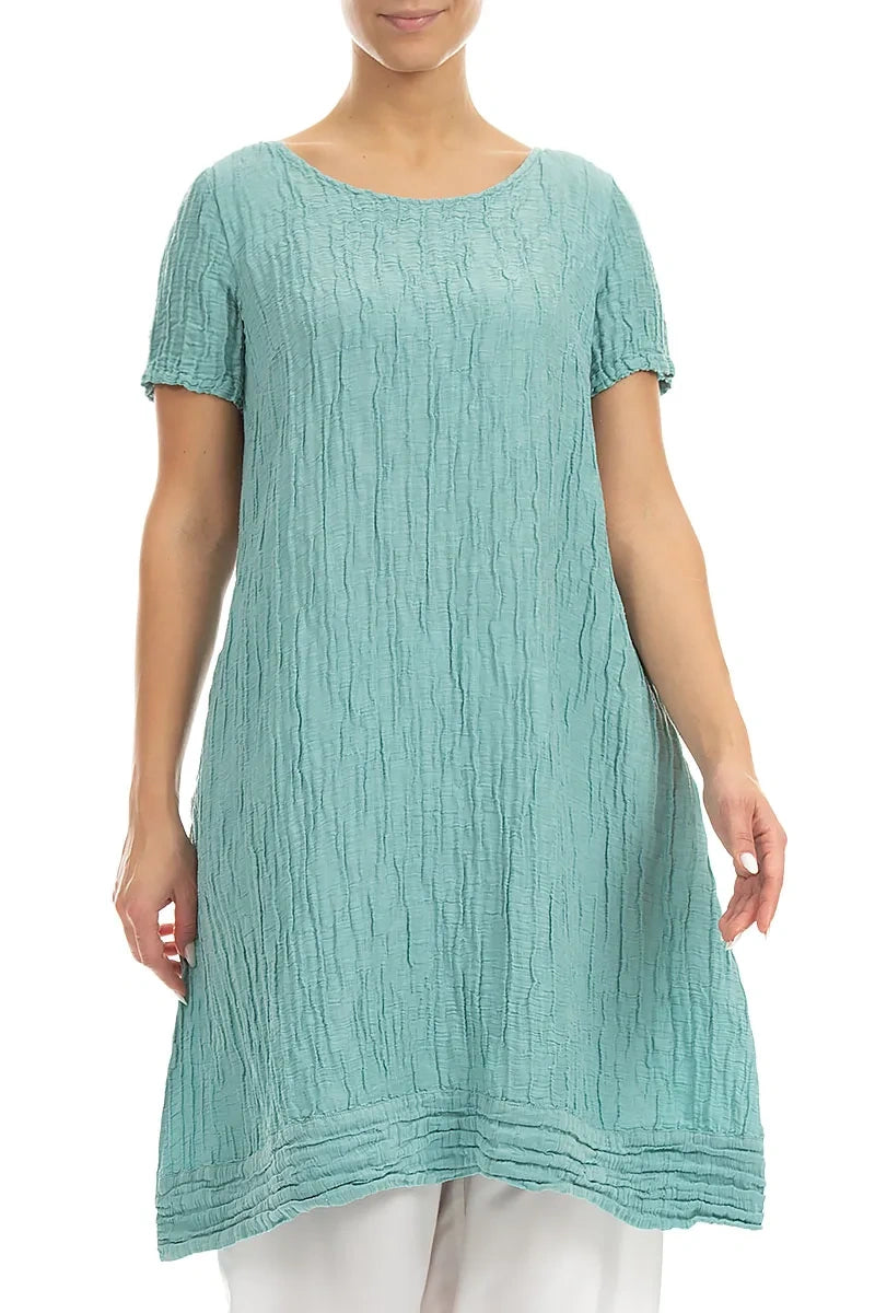 Short Sleeves Crinkled Mint Silk Linen Tunic Dress 3