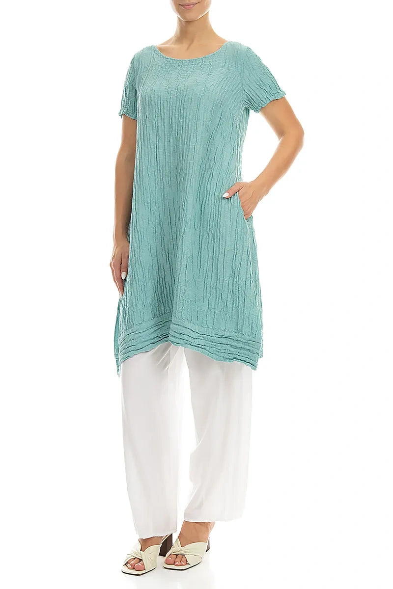 Short Sleeves Crinkled Mint Silk Linen Tunic Dress 4