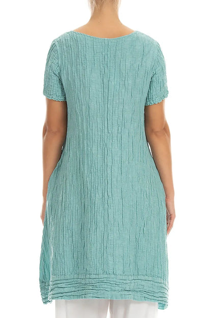 Short Sleeves Crinkled Mint Silk Linen Tunic Dress 2