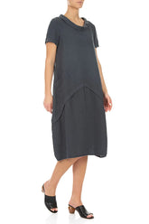 Short Sleeves Draped Collar Graphite Linen Dress 3