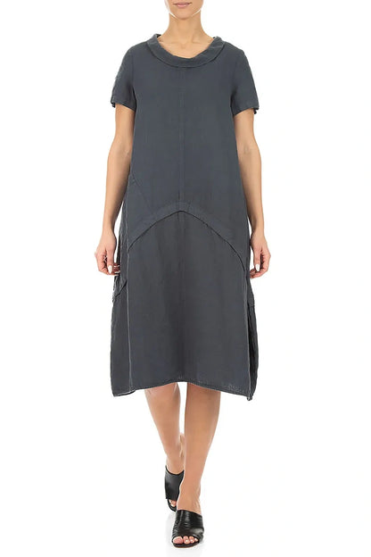 Short Sleeves Draped Collar Graphite Linen Dress 4