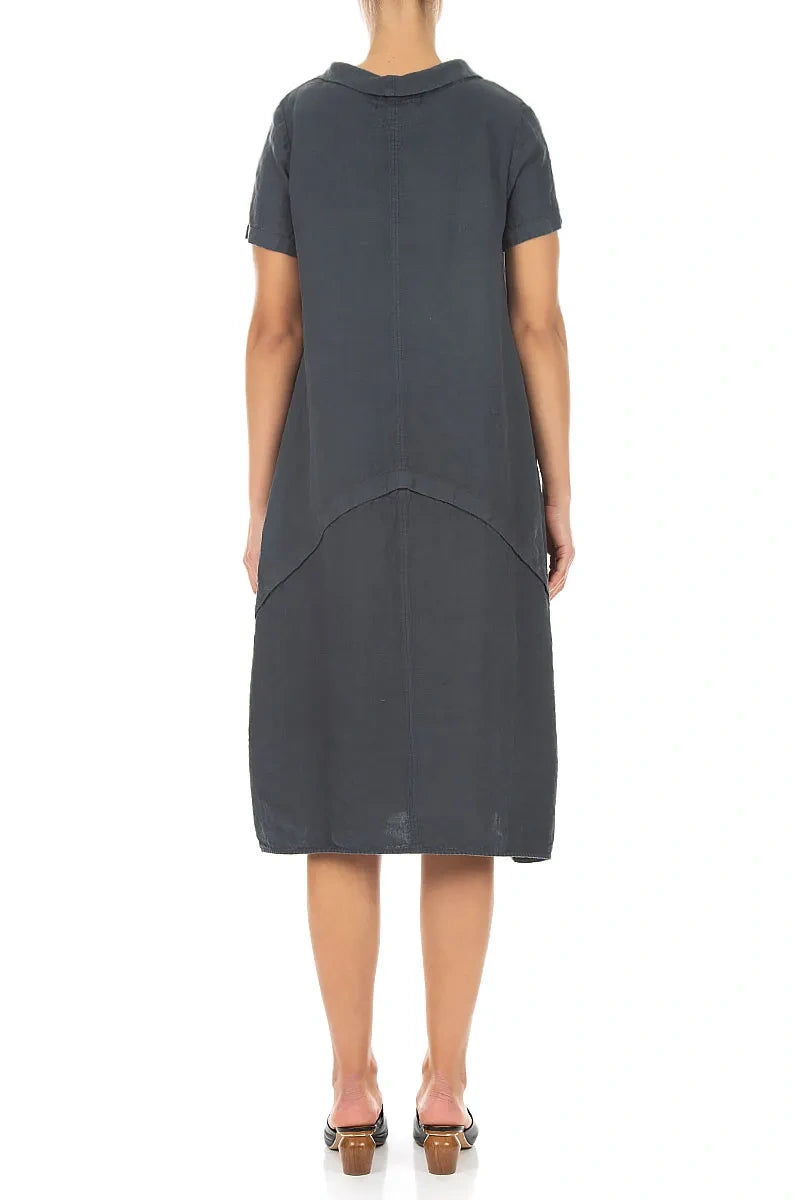 Short Sleeves Draped Collar Graphite Linen Dress 2