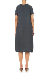 Short Sleeves Draped Collar Graphite Linen Dress 2