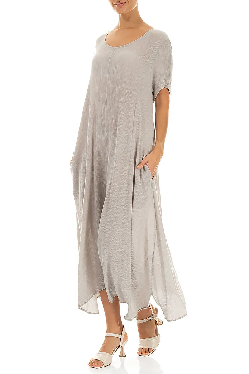 Short Sleeves Flared Beige Silk Viscose Dress