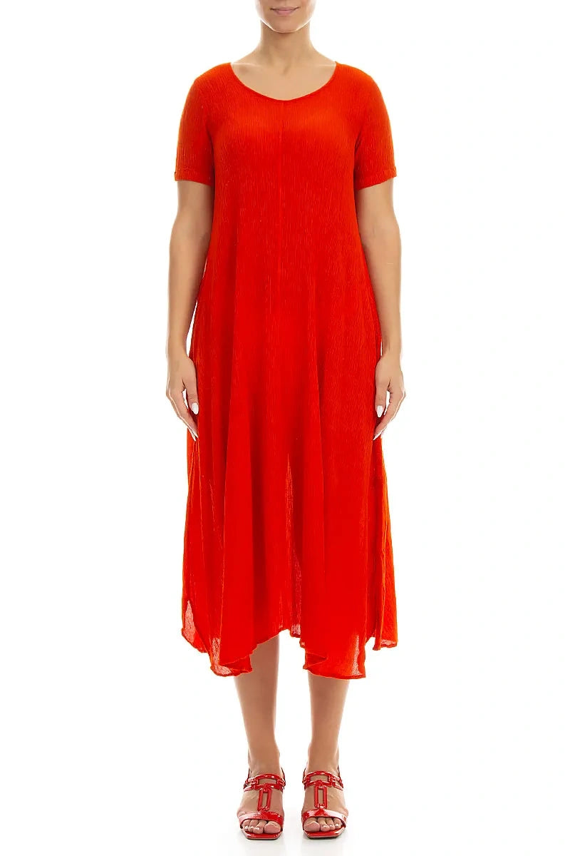 Short Sleeves Flared Flame Orange Silk Viscose Dress 1
