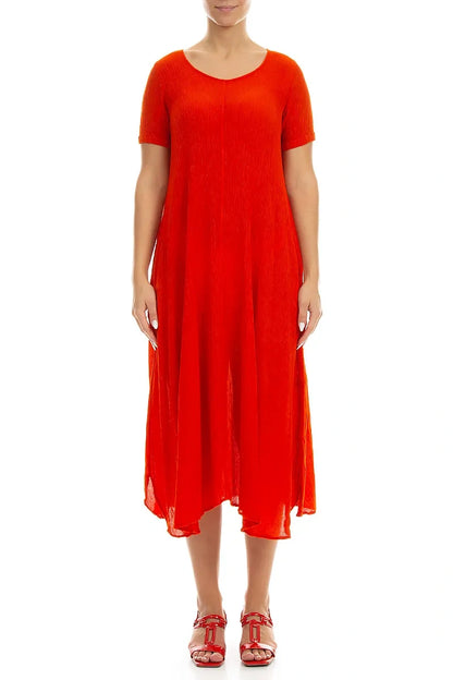 Short Sleeves Flared Flame Orange Silk Viscose Dress 1