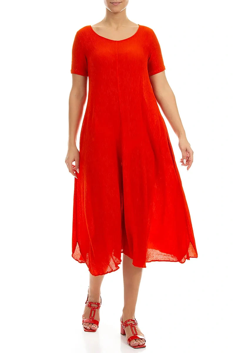 Short Sleeves Flared Flame Orange Silk Viscose Dress 3