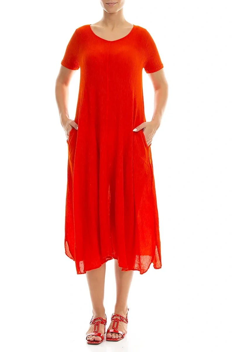 Short Sleeves Flared Flame Orange Silk Viscose Dress 4