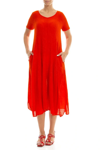 Short Sleeves Flared Flame Orange Silk Viscose Dress 4