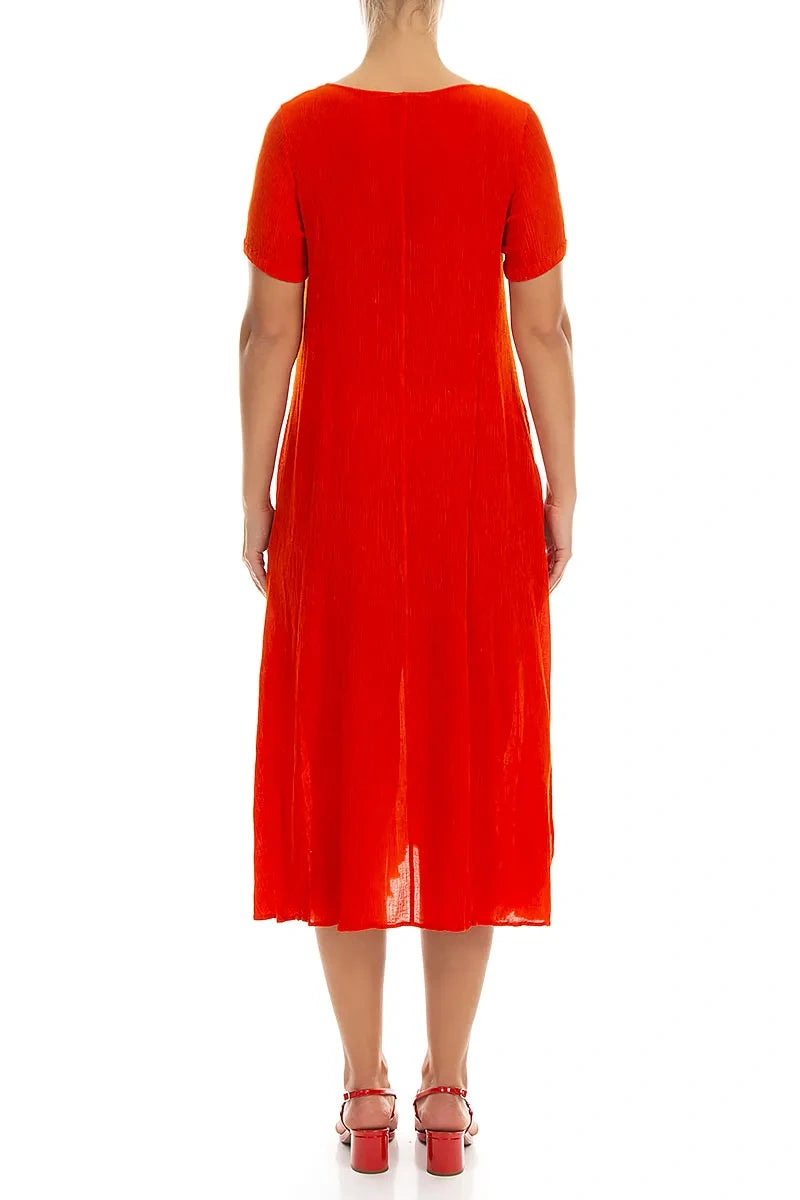 Short Sleeves Flared Flame Orange Silk Viscose Dress 2