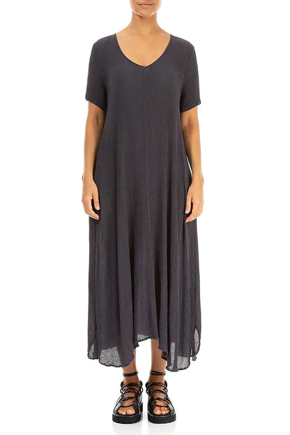 Short Sleeves Flared Graphite Silk Viscose Dress