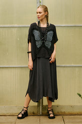 Short Sleeves Flared Graphite Silk Viscose Dress 6