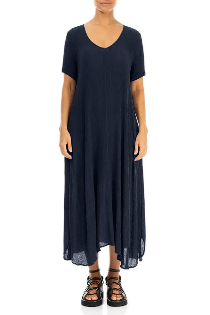 Kurzärmeliges, ausgestelltes Kleid aus marineblauem Seidenviskose