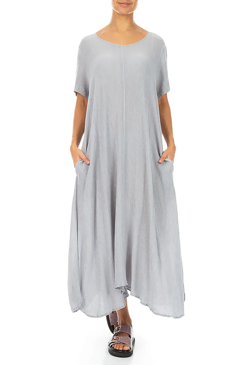 Robe courte évasée en soie et viscose gris argenté à manches courtes