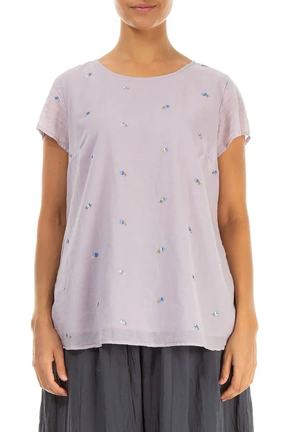 Short Sleeves Lilac Embroidered Petals Cotton Top 1