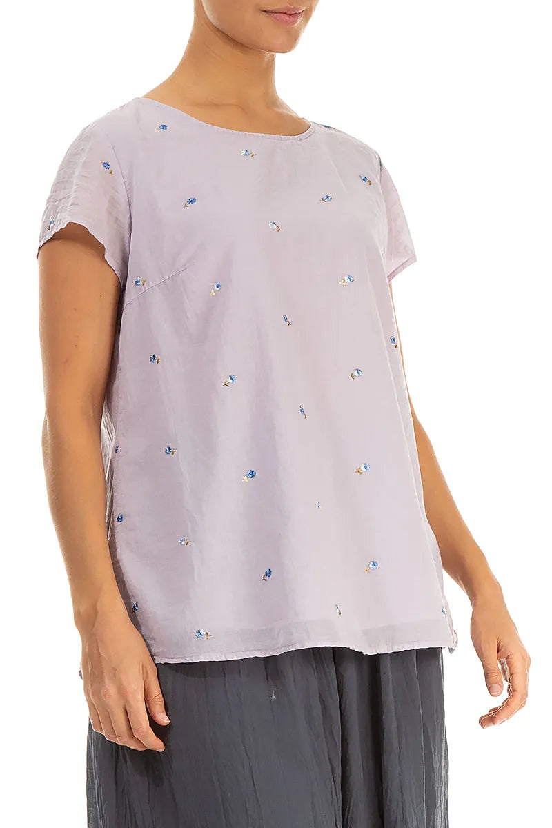 Short Sleeves Lilac Embroidered Petals Cotton Top 3